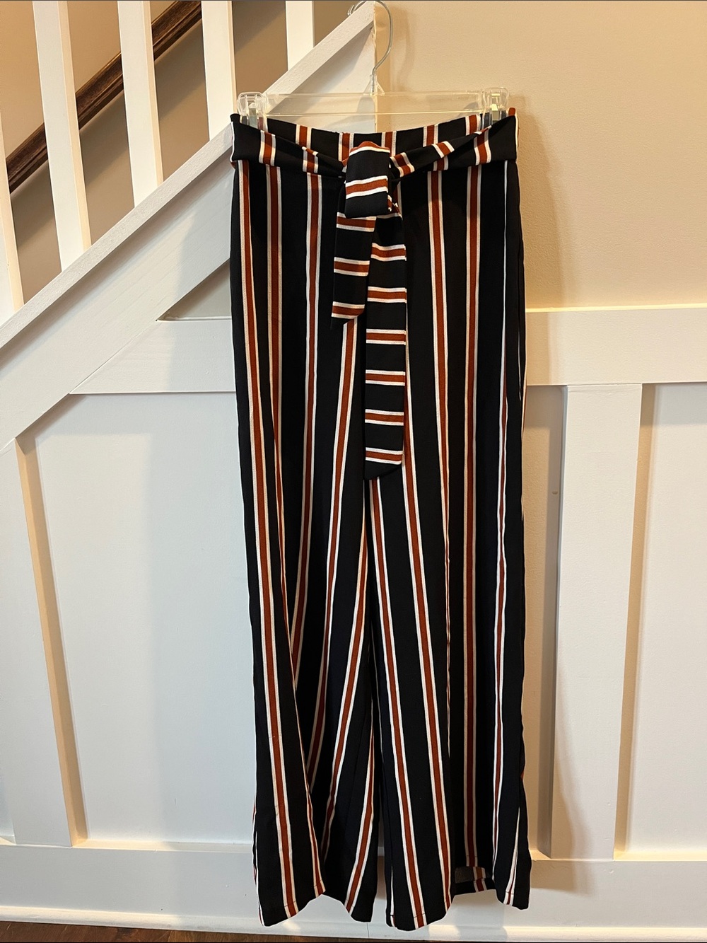 mine Black Wide-Leg Paperbag Pants with Copper & White Stripes